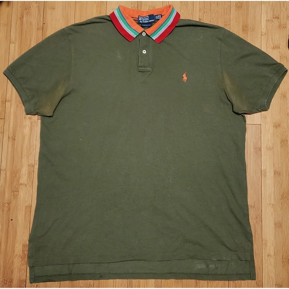 Vintage Polo Ralph Lauren Aztec Polo Shirt Men 2XL Olive Green Collar Custom Fit